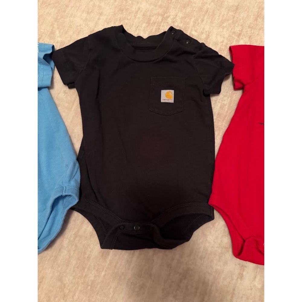 Carhartt Baby Boys 3 Pack Bodysuits 6M Black Blue Red Excavator ATV Pocket Logo - Picture 3 of 5